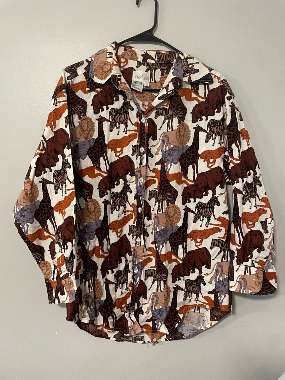 Carry Back 100% Cotton Animal Print Art Zoo Button Down Large